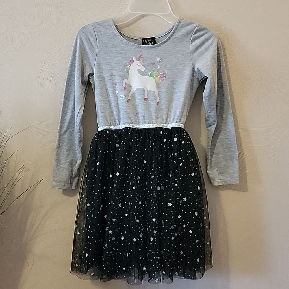 PINK & VIOLET GRAY AND BLACK UNICORN TULLE LONG-SLEEVE DRESS, SIZE 8